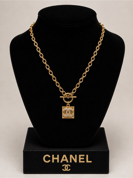 CHANEL Jewelry - CHANEL Gold Chain Necklace with Square CC Pendant